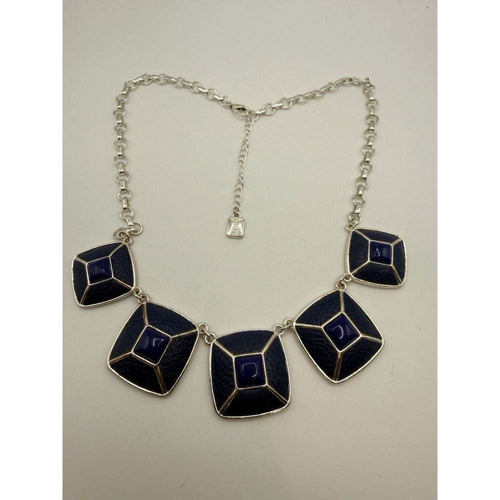 Chaps Necklace Silver Tone Navy Blue Enamel Squares Preppy Statement Y2K 16-18"